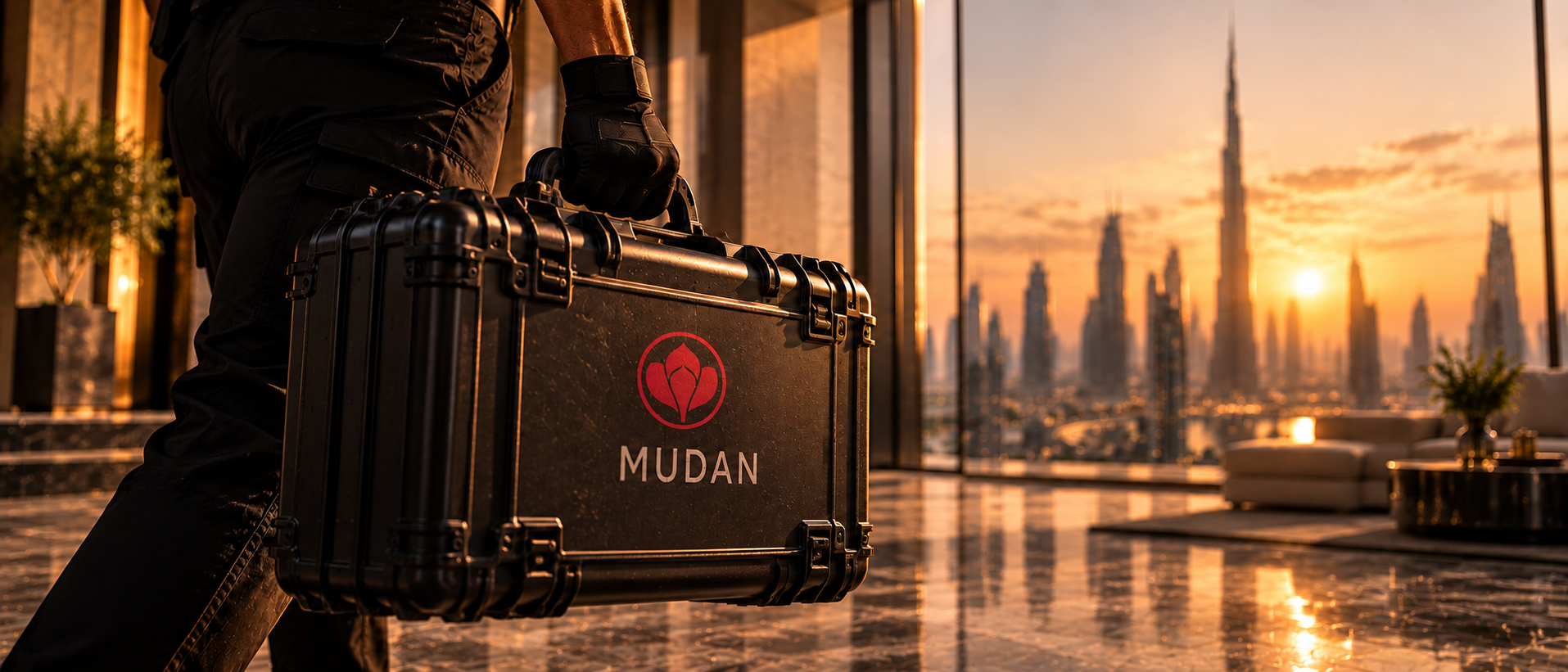 Mudan inspection case in a cinematic Dubai interior